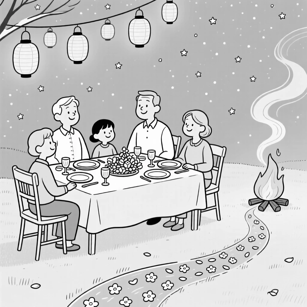 A family gathered around a beautifully set holiday table, letting the lanterns bob gently on the evening breeze, set around a roaring bonfire under starry skies. A trail of flower petals leads toward the celebration. The image feels like a snapshot of pure, collective happiness.