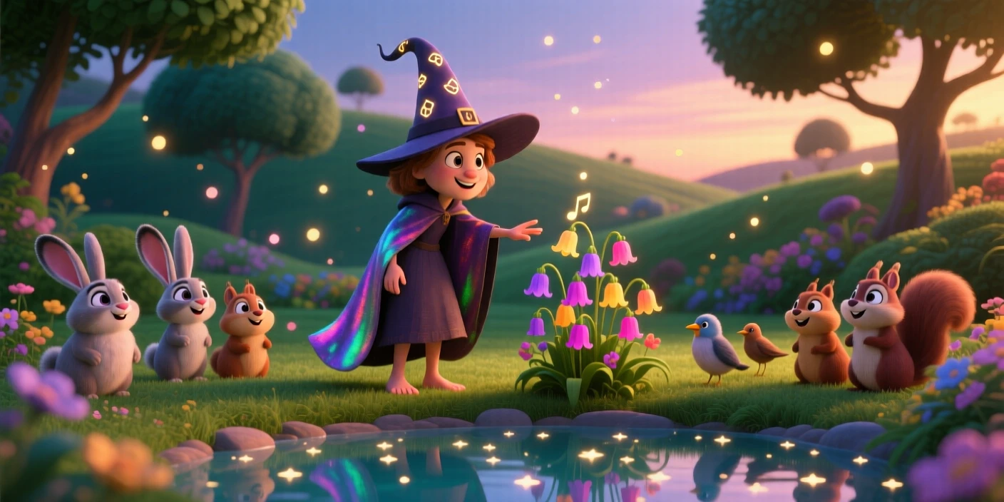 A witch with a pointed hat stands in a garden where flowers chime like bells, whispering to woodland creatures gathered nearby. A quiet magic hums softly throughout the scene, with stars reflected in a nearby pool of water.