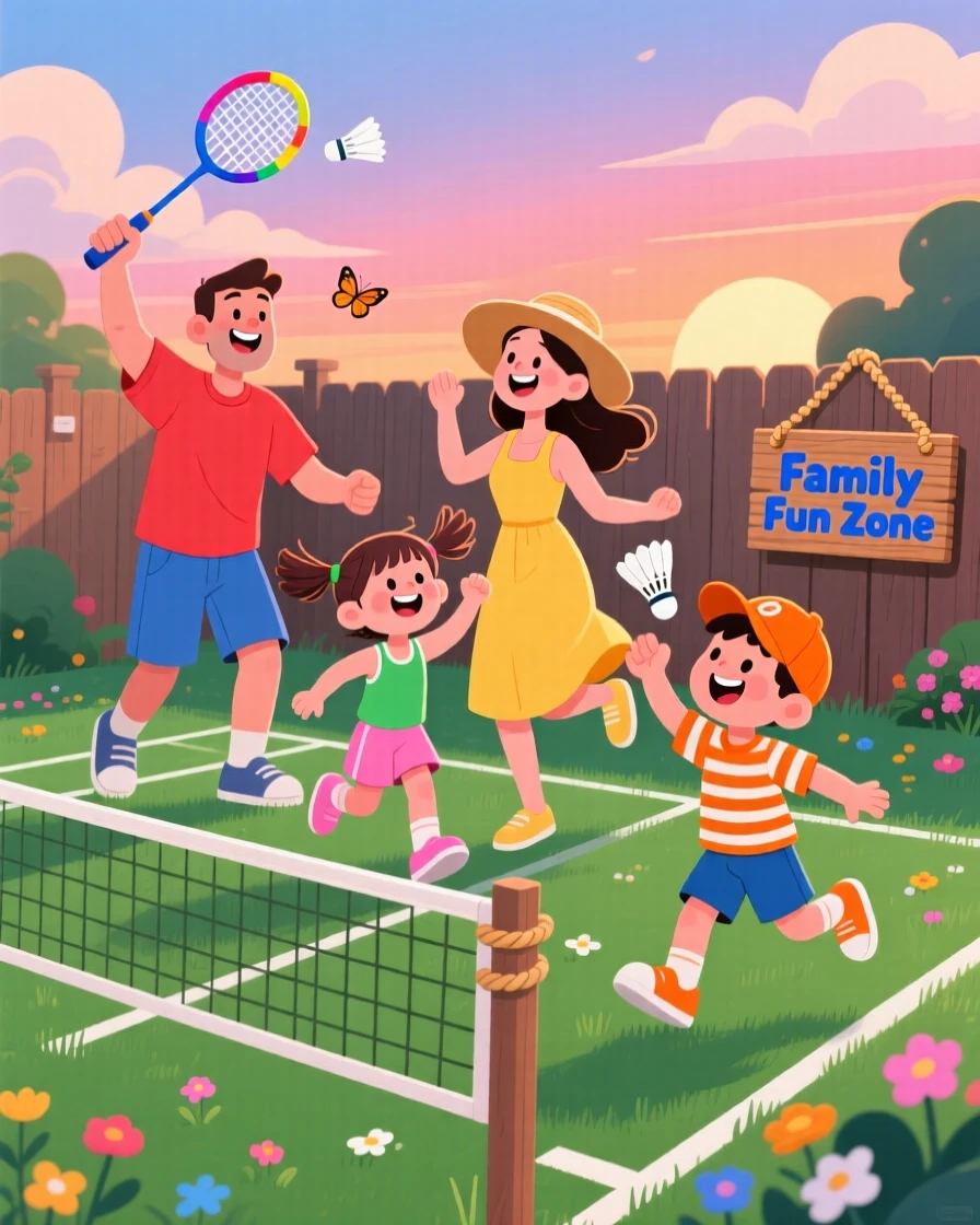 A family playing badminton together in a backyard on a summer evening.