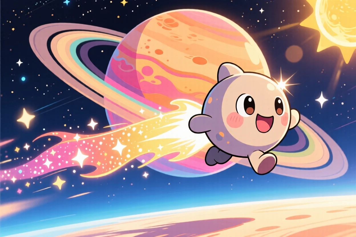 A comet character with a sparkling tail racing past a ringed planet, framed as a worm's-eye view within deep space with distant stars, on a warm tropical afternoon, glowing under bright midday sun, evoking eager anticipation.