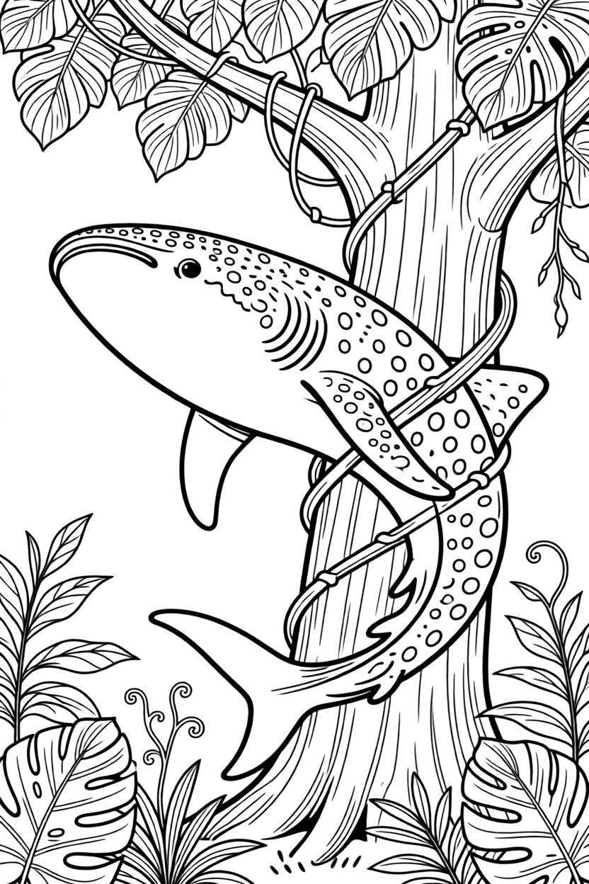 A whale shark hidden among dense jungle vines, with claws gripping the bark tightly.