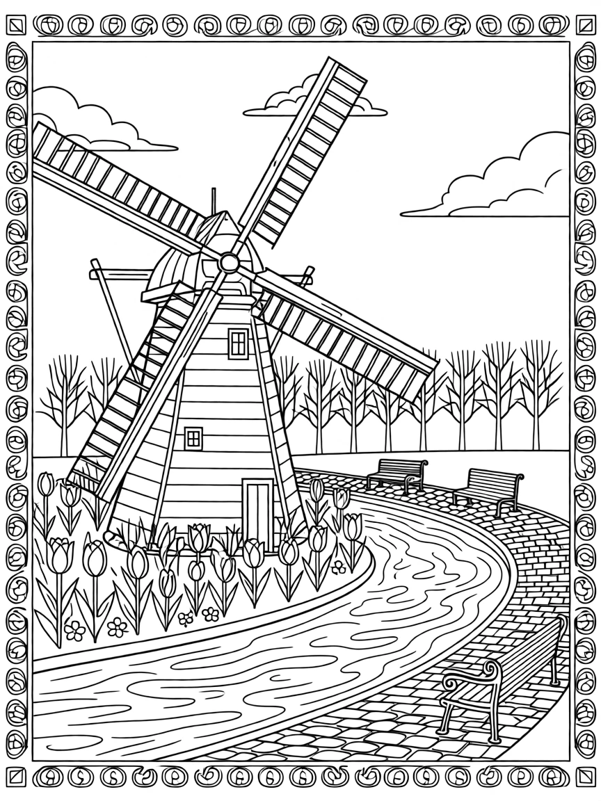A traditional windmill beside a tulip-lined canal.