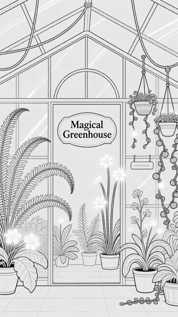 A magical greenhouse filled with glowing exotic plants