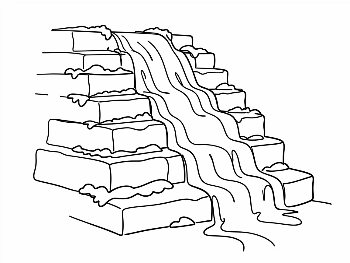 A multi-tiered waterfall cascading over moss-covered stone steps