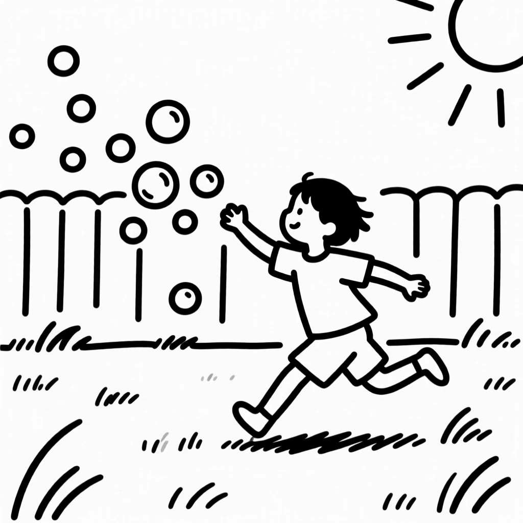 A child chasing bubbles across a backyard lawn on a summer afternoon.
