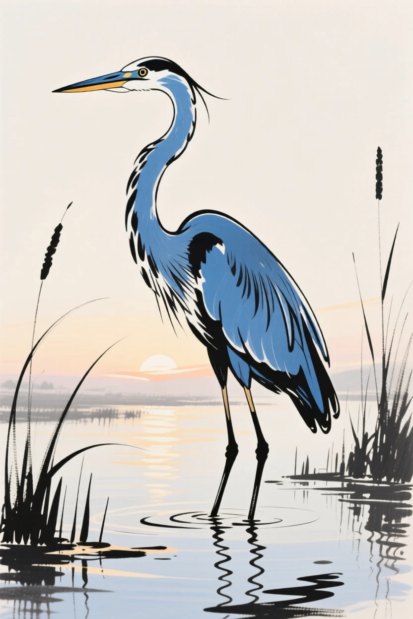 A great blue heron standing still in a shallow marsh at dawn.