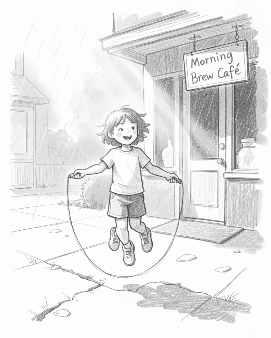 A warm everyday moment: a child skipping rope on a sunny sidewalk in a cozy neighborhood cafe, with soft rain misting the air.