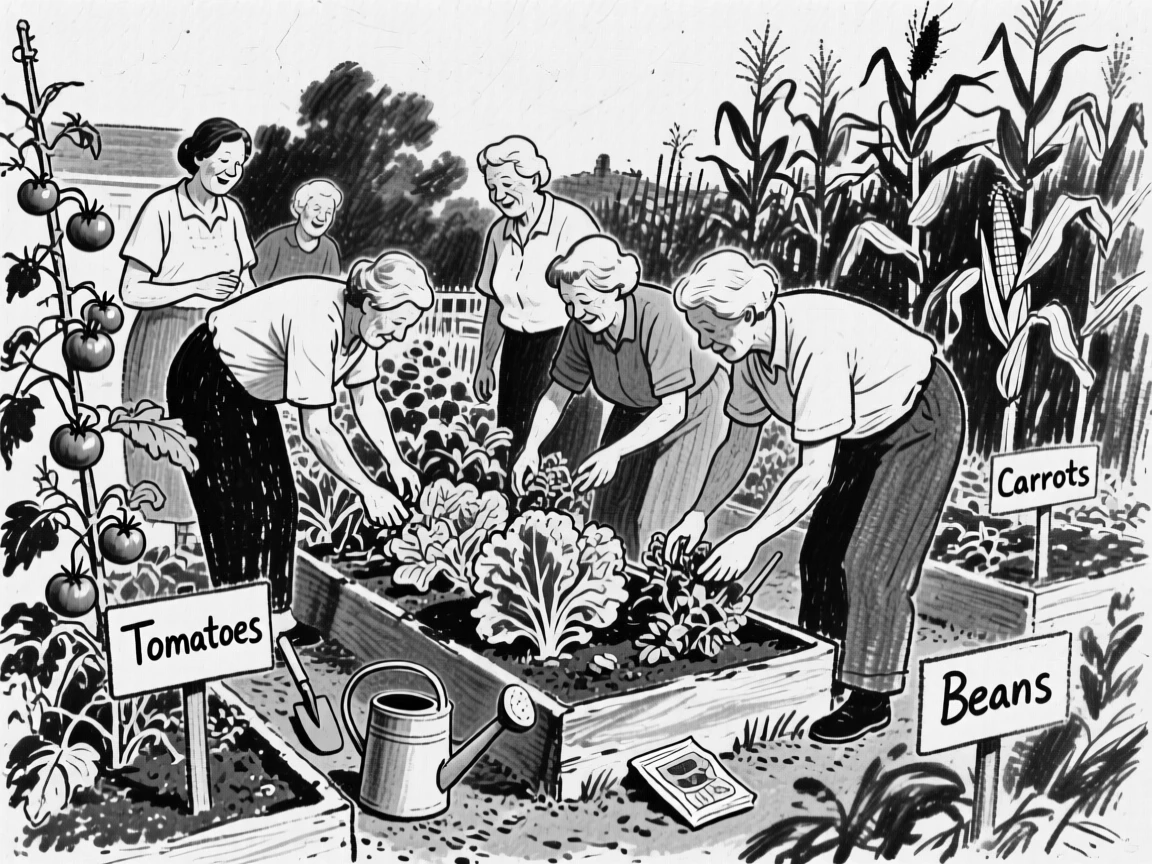 A community garden with neighbors tending vegetable plots, with everyone gathered close together.