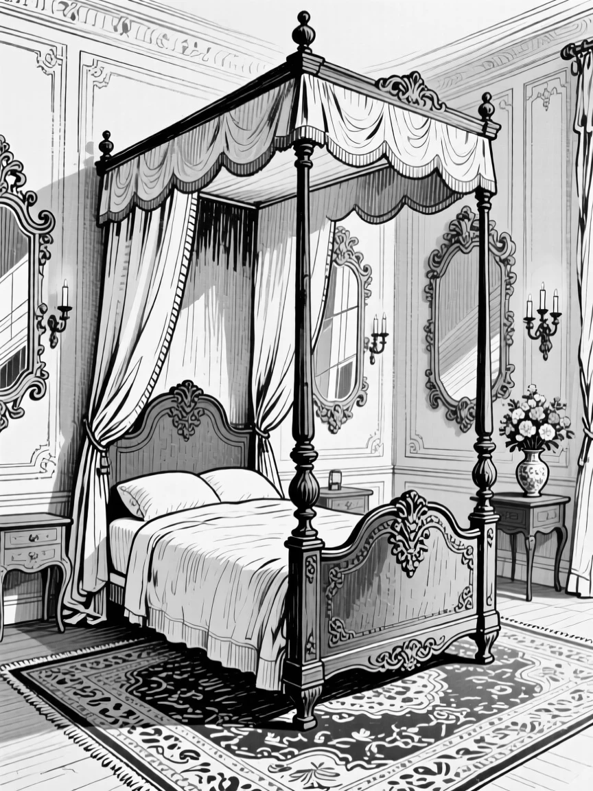 A traditional French chateau bedroom with tall canopy bed and gilded mirrors.
