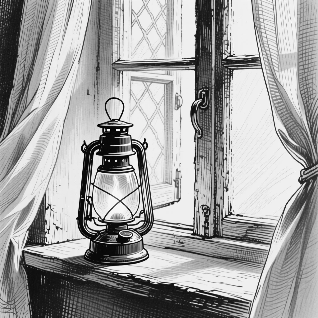 A lantern glowing softly placed near an open window with curtains drifting, with soft natural light falling across its surface, forming a timelessly charming still-life study.
