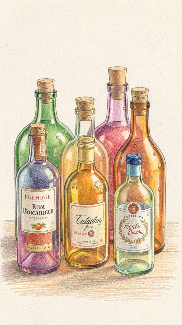 A collection of colorful glass bottles catching afternoon light, captured with careful, elegant composition, capturing the beauty of everyday treasures.