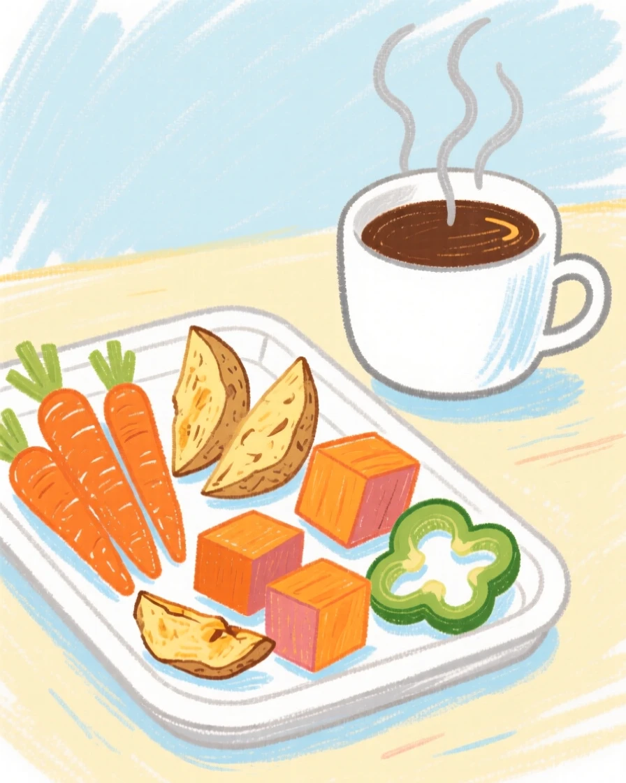 A tray of roasted vegetables placed beside a steaming cup of coffee.