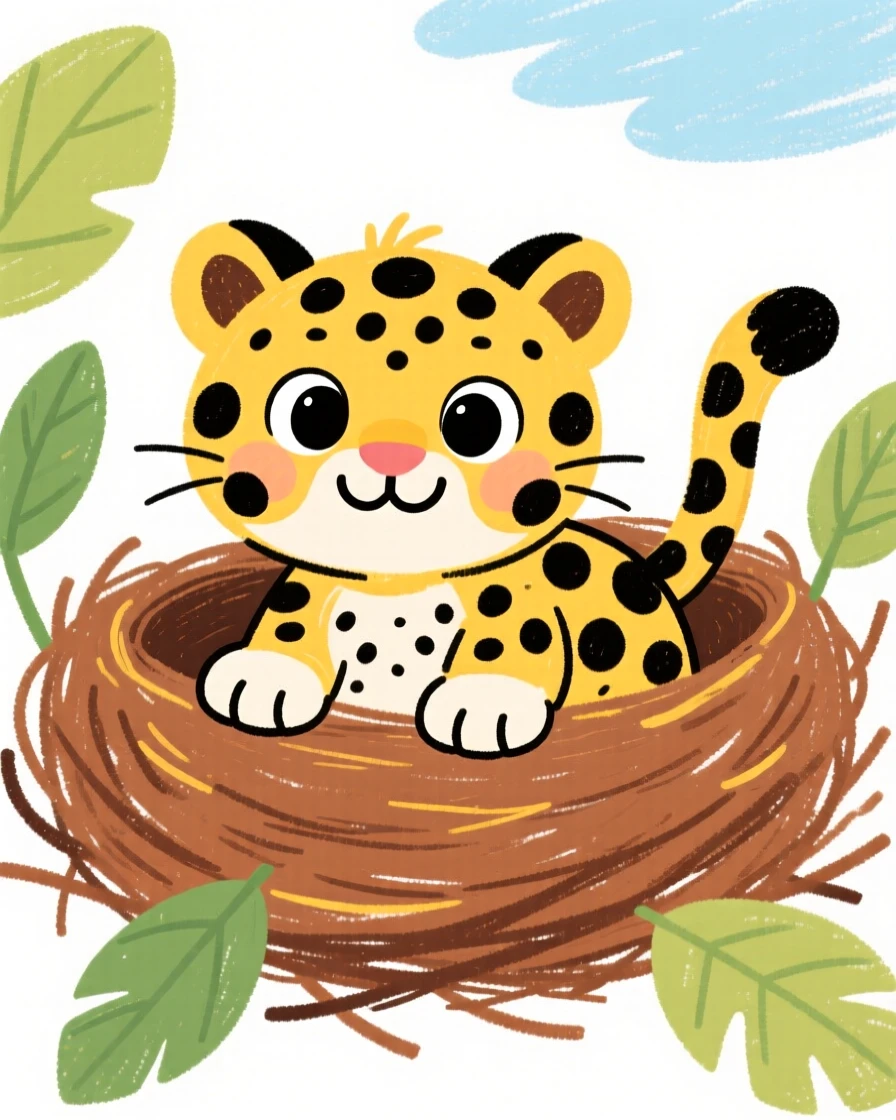 A spotted baby leopard peeking over the edge of its nest.