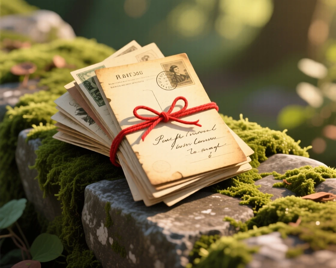 A collection of vintage postcards tied with a red string, placed on a mossy stone ledge outdoors, shown from a slightly elevated angle, with soft golden light highlighting fine craftsmanship.
