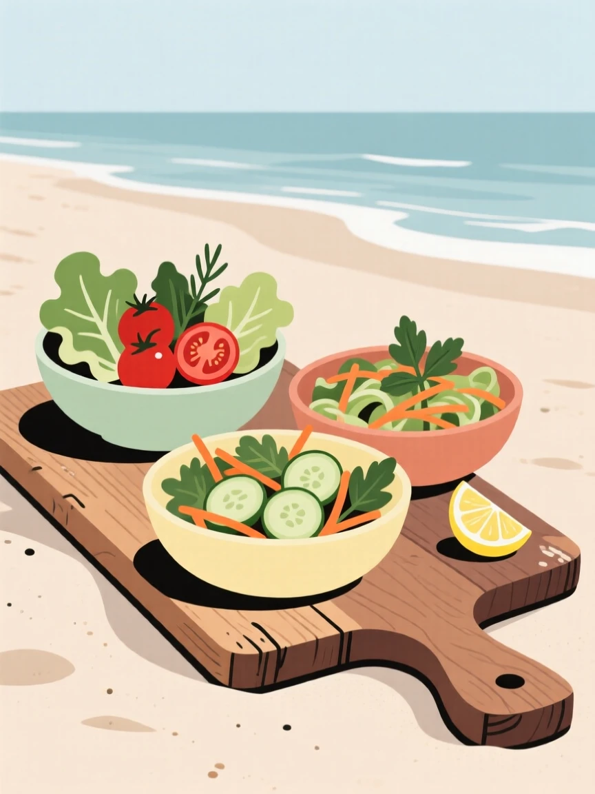 A selection of fresh salads beautifully displayed on a rustic wooden board at a seaside restaurant.