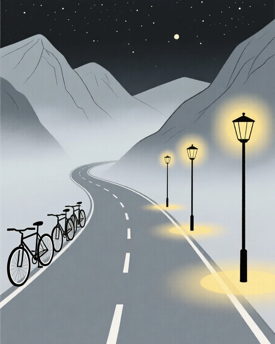 A view of a lantern-lit street at a misty mountain pass, framed by a row of parked bicycles, capturing wanderlust.