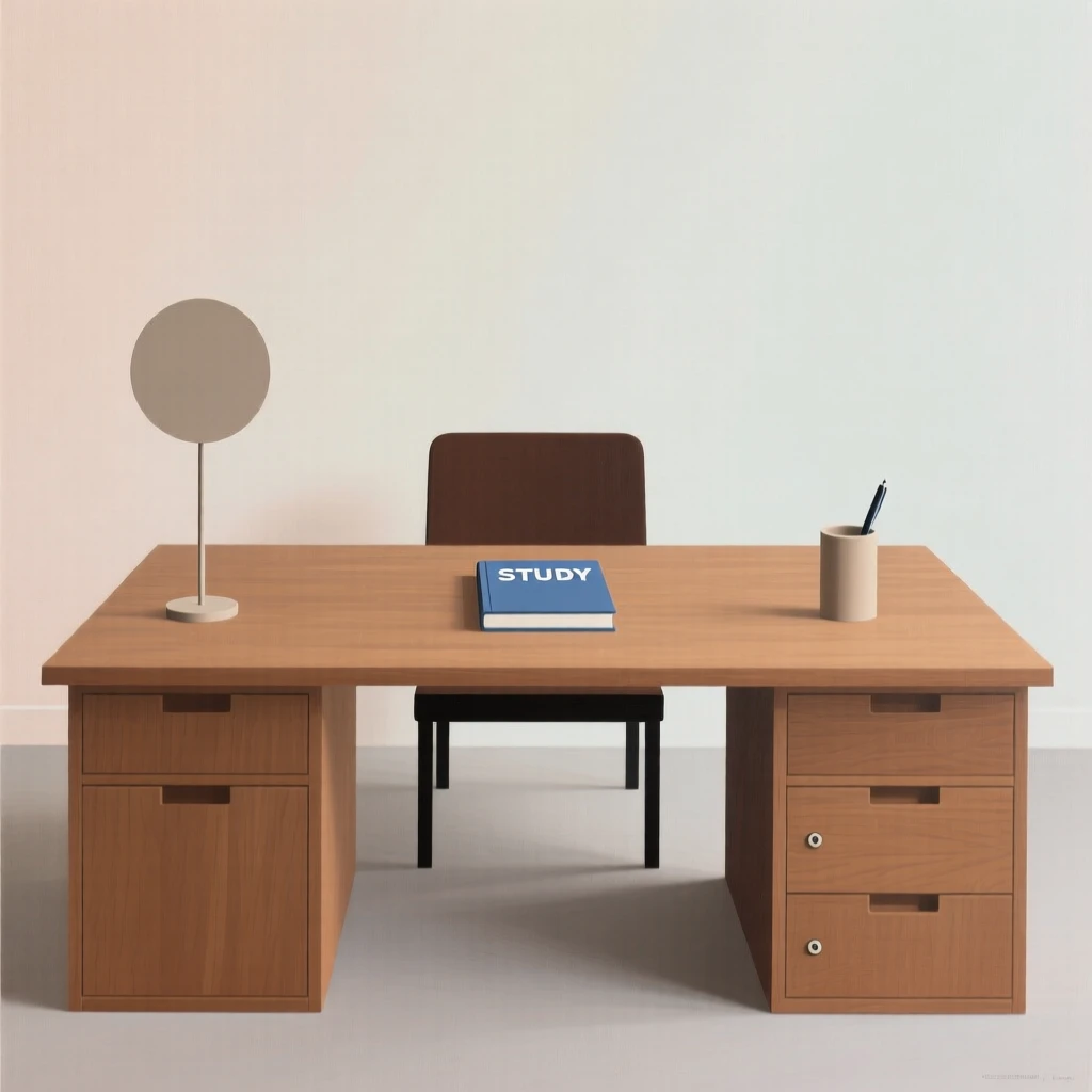 A study room with a large wooden desk