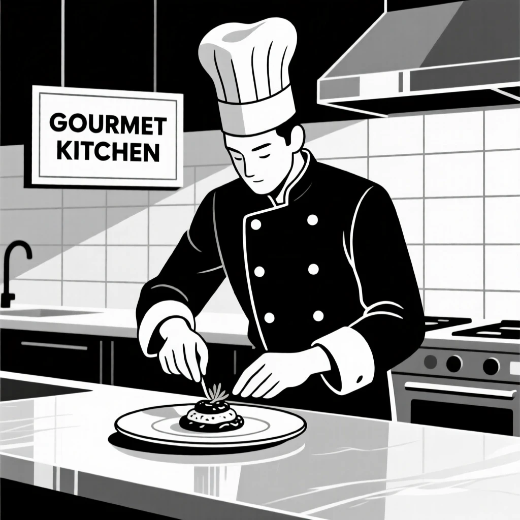 A chef plating a gourmet dish in a kitchen.