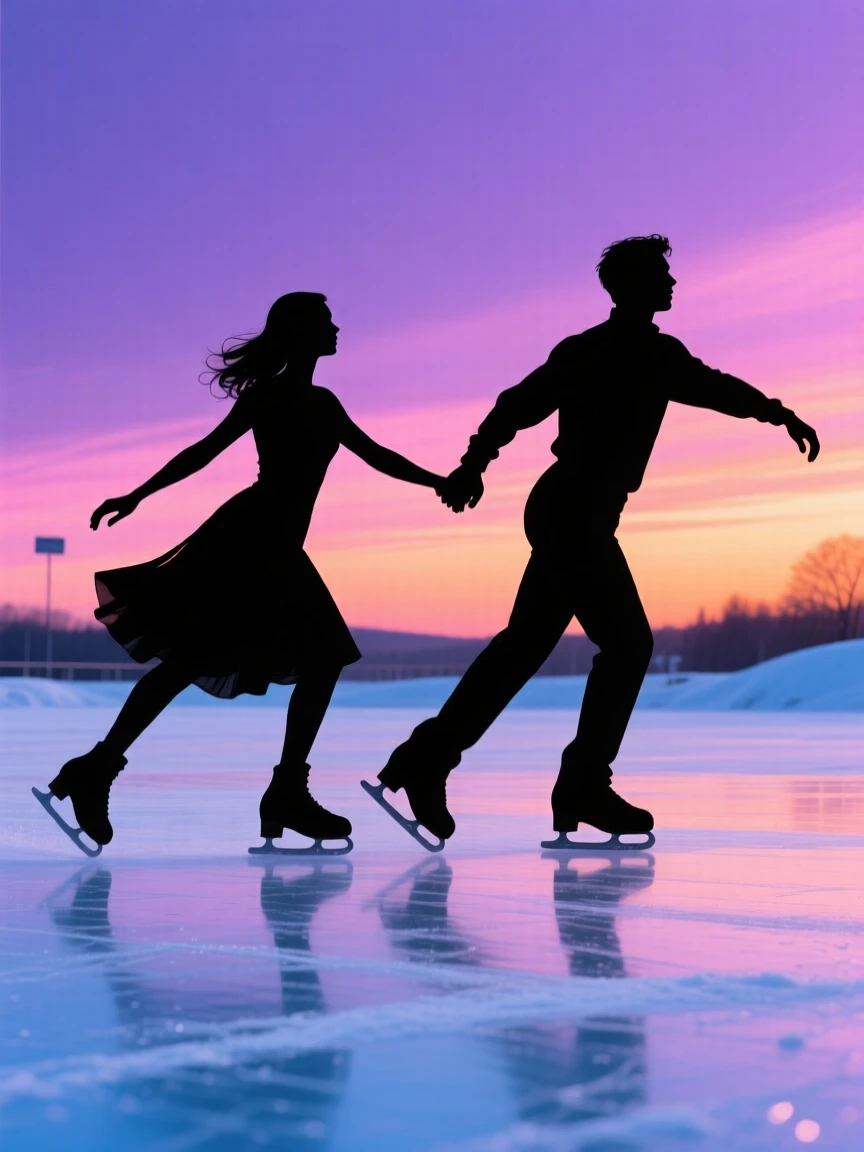 A pair of ice skaters gliding hand in hand across a frozen outdoor rink.