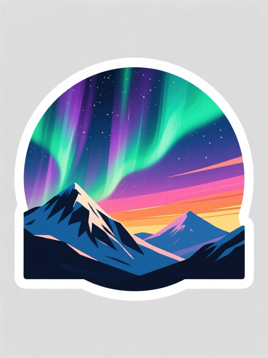 A vibrant northern lights dancing over snowy peaks, reflecting the colors of the sunset, on a clear and cloudless day.