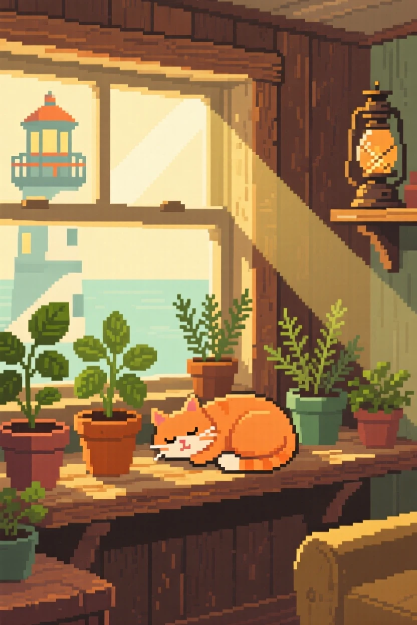 A windowsill herb garden holding a sleeping cat curled in sunlight, within a lighthouse keeper's living room.