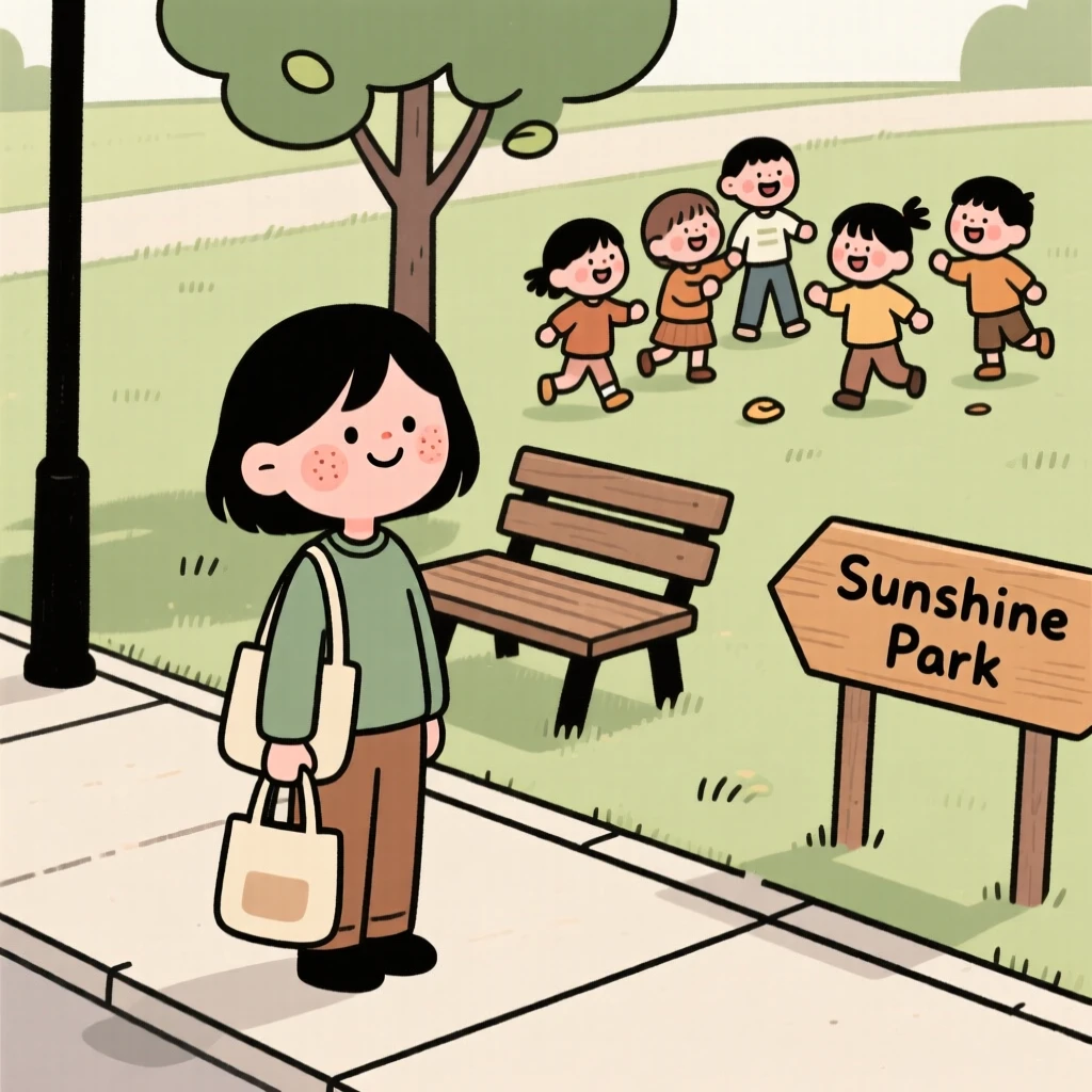 A young student pauses mid-morning errands to watch children laughing in a nearby park, a small smile crossing their face at the simple beauty of it.