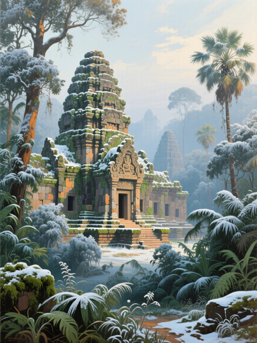An expansive vista of an ancient temple complex emerging from dense jungle foliage, in the Victorian era, in deep winter.