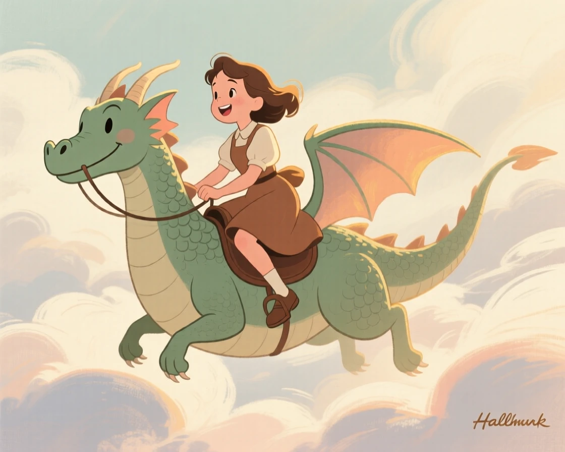 A friendly dragon giving a young village girl a ride through the clouds