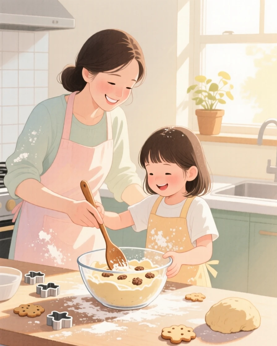A mother and daughter bake cookies together in a sunlit kitchen, flour dusting their aprons and the counter