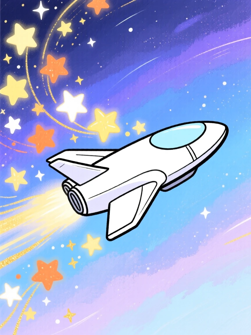 A dazzling view of a spaceship gliding past a cluster of shooting stars.
