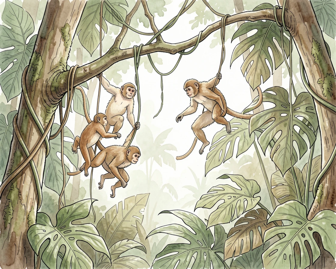 A troop of monkeys swinging through a dense jungle canopy, a stillness in the air broken only by distant birdsong.