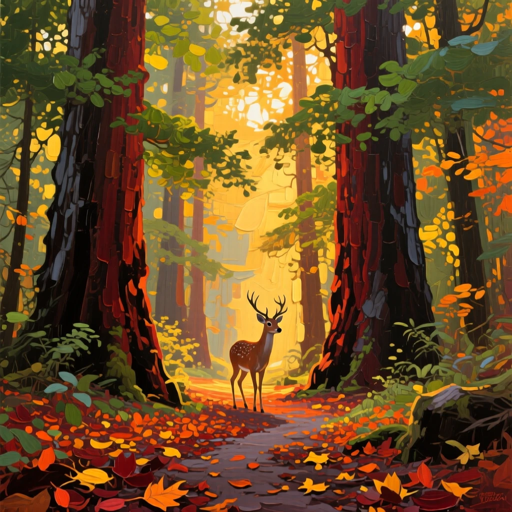 At golden hour, warm light filtering through the leaves, a dense old-growth forest of towering redwoods, along a trail carpeted with fallen leaves, a deer stepping quietly between the trees.