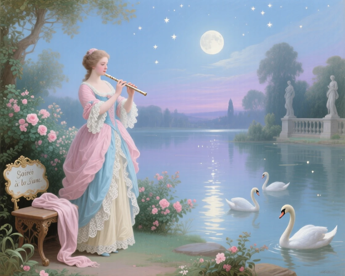 A lady playing the flute beside a moonlit lake  