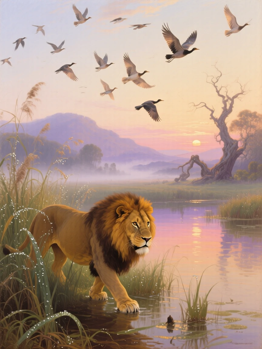 A lion stalks silently through a quiet marsh at first light as birds scatter overhead.