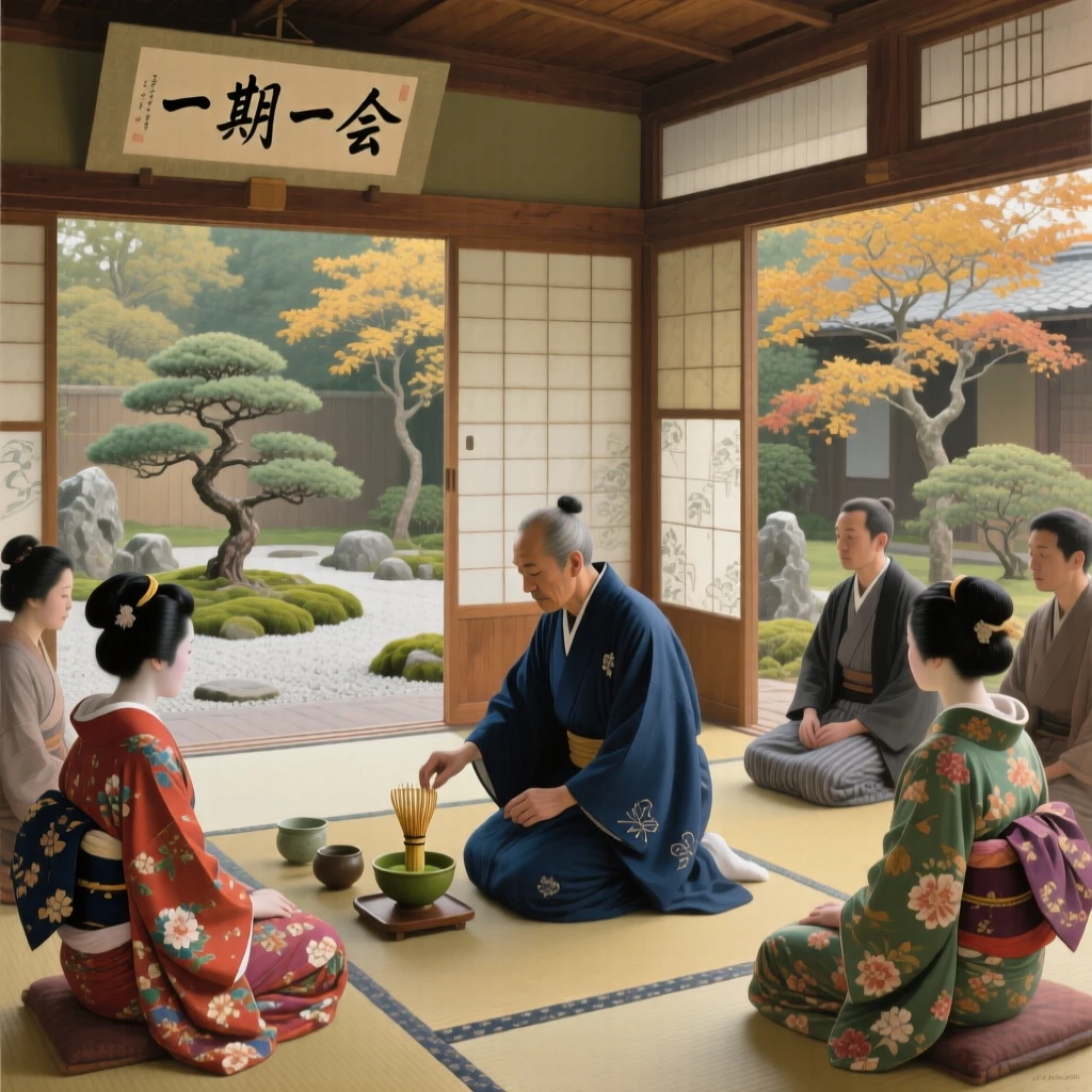 A traditional Japanese tea ceremony performed in a quiet garden pavilion, as onlookers in traditional dress watch the scene unfold, bringing a vivid, immersive moment of history to life