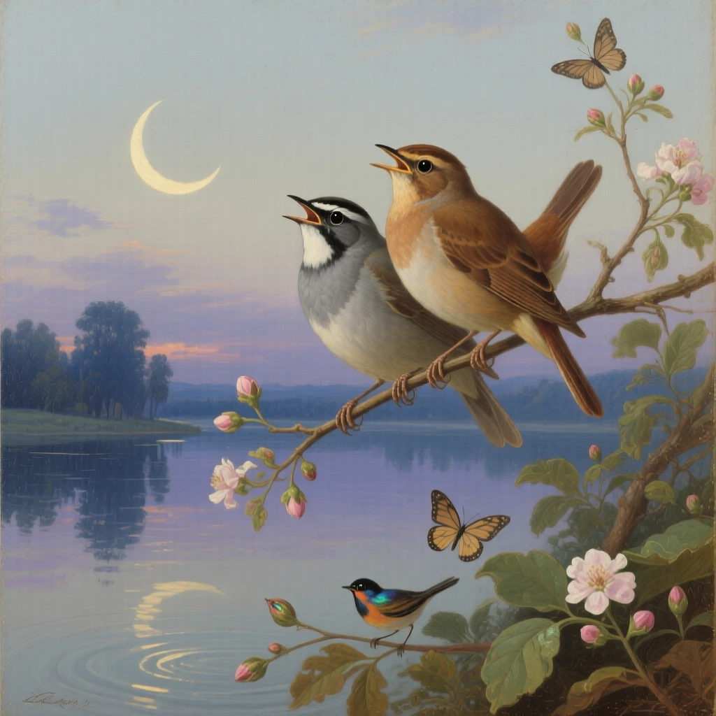 A pair of nightingales singing together beneath a crescent moon at the peaceful, unguarded heart of the natural world, set beside a still lake reflecting a painterly sky, with small birds or butterflies adding quiet movement to the scene; the composition balances raw power with graceful, natural stillness, filled with gentle warmth and admiration for living creatures.
