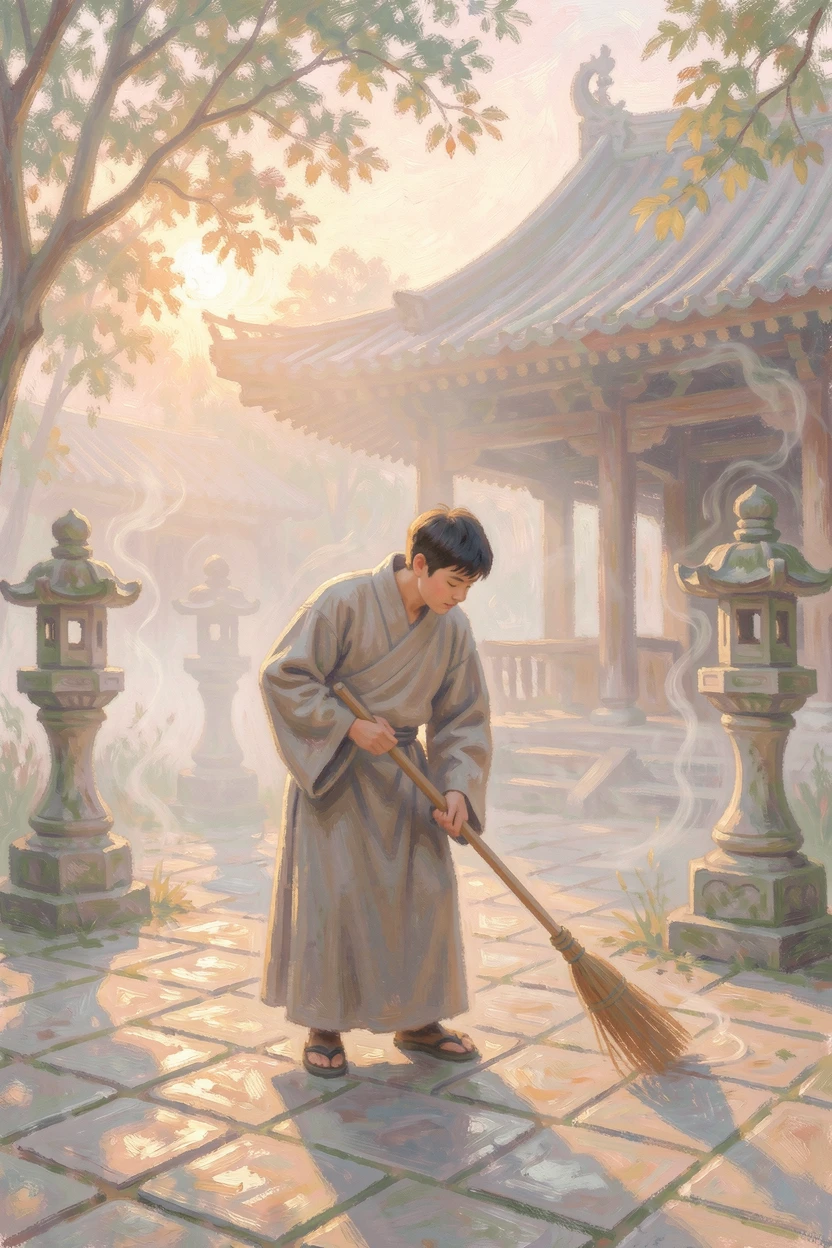 A young monk sweeping the courtyard of an ancient temple at first light, mist curling around stone lanterns, as the first light of dawn breaks.