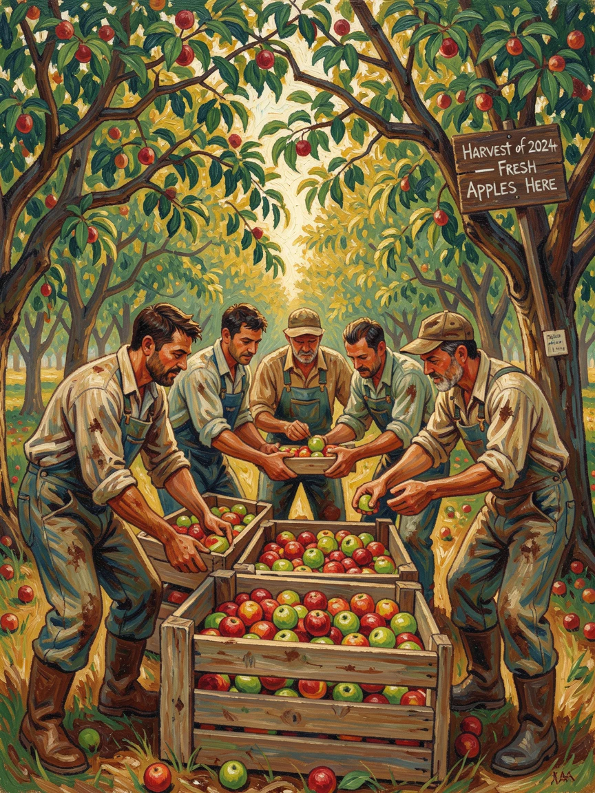 A group of farmers gathering apples into wooden crates beneath a canopy of orchard trees.