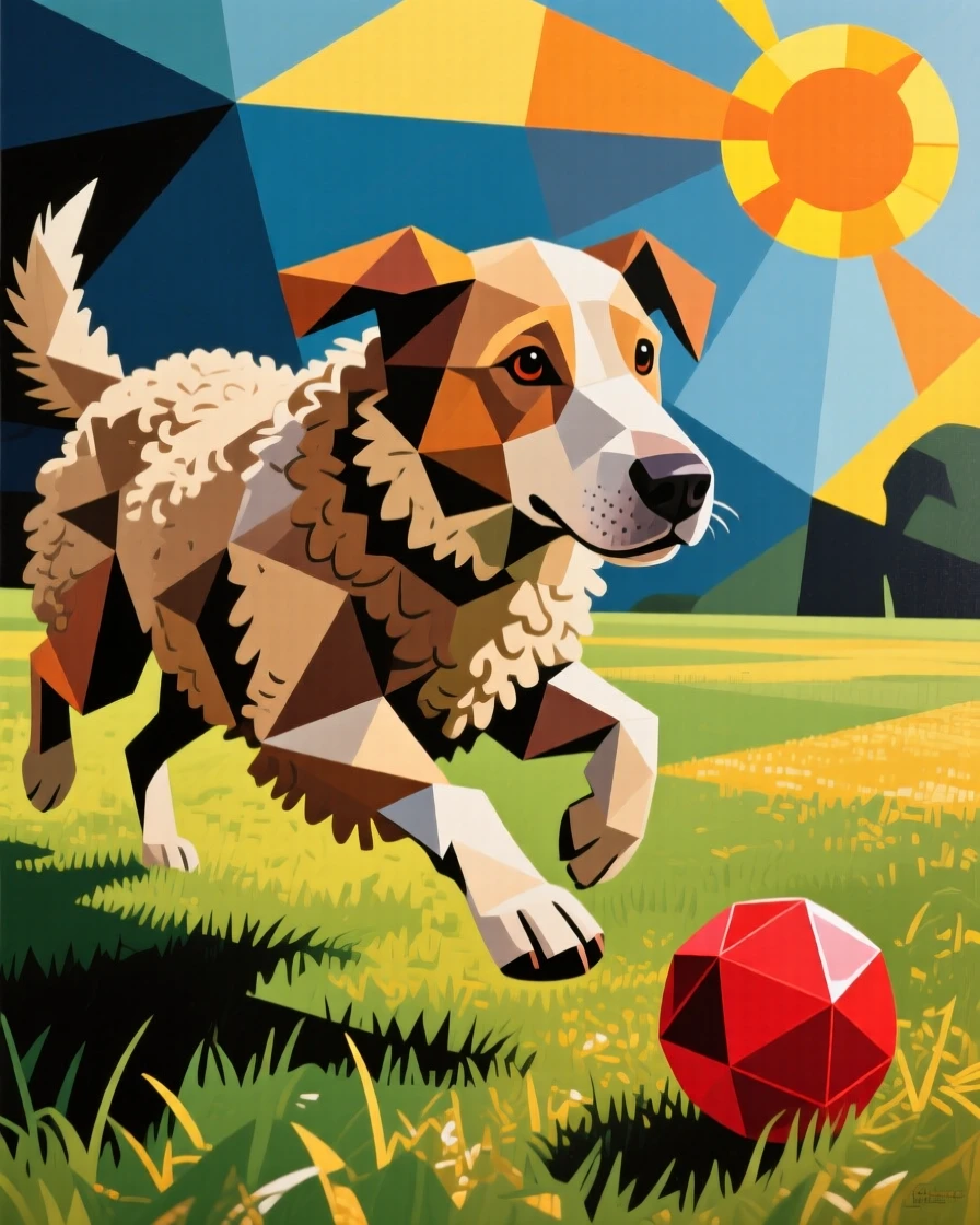 A charming close-up of a loyal old sheepdog chasing a ball across a sunlit lawn on a bright afternoon.