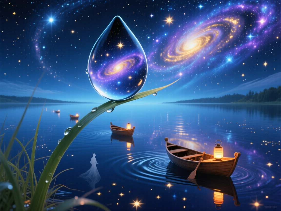 A starfield reflected perfectly in a single drop of dew reflects perfectly in the calm waters of a hidden lake, while tiny boats drift silently across a sea of stars below.