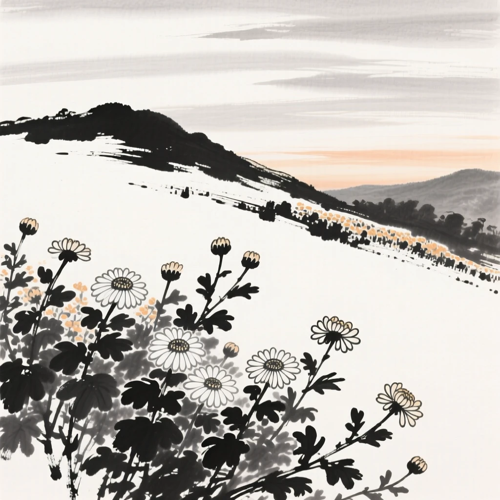 A field of chrysanthemums blooms in shades ranging across a quiet hillside, beneath a sky streaked with the colors of late autumn.