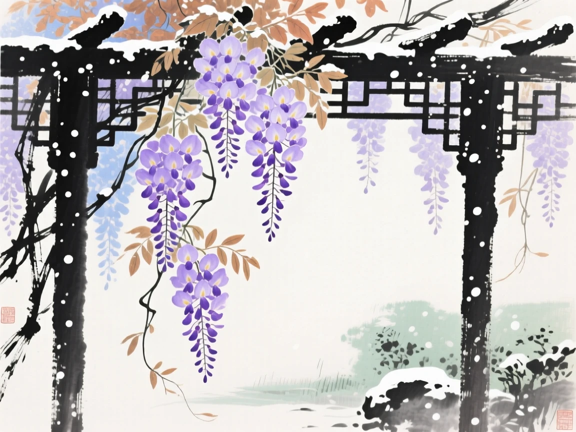 Wisteria cascading in purple clusters over a garden trellis, at the turn of autumn, beneath softly falling snow, full of quiet reverence.