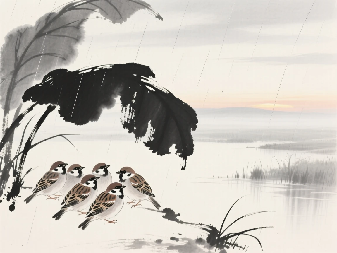 A flock of sparrows sheltering beneath broad leaves during rain above a misty wetland at dawn, framed against a wide expanse of open sky, evoking grace, freedom, and quiet elegance.