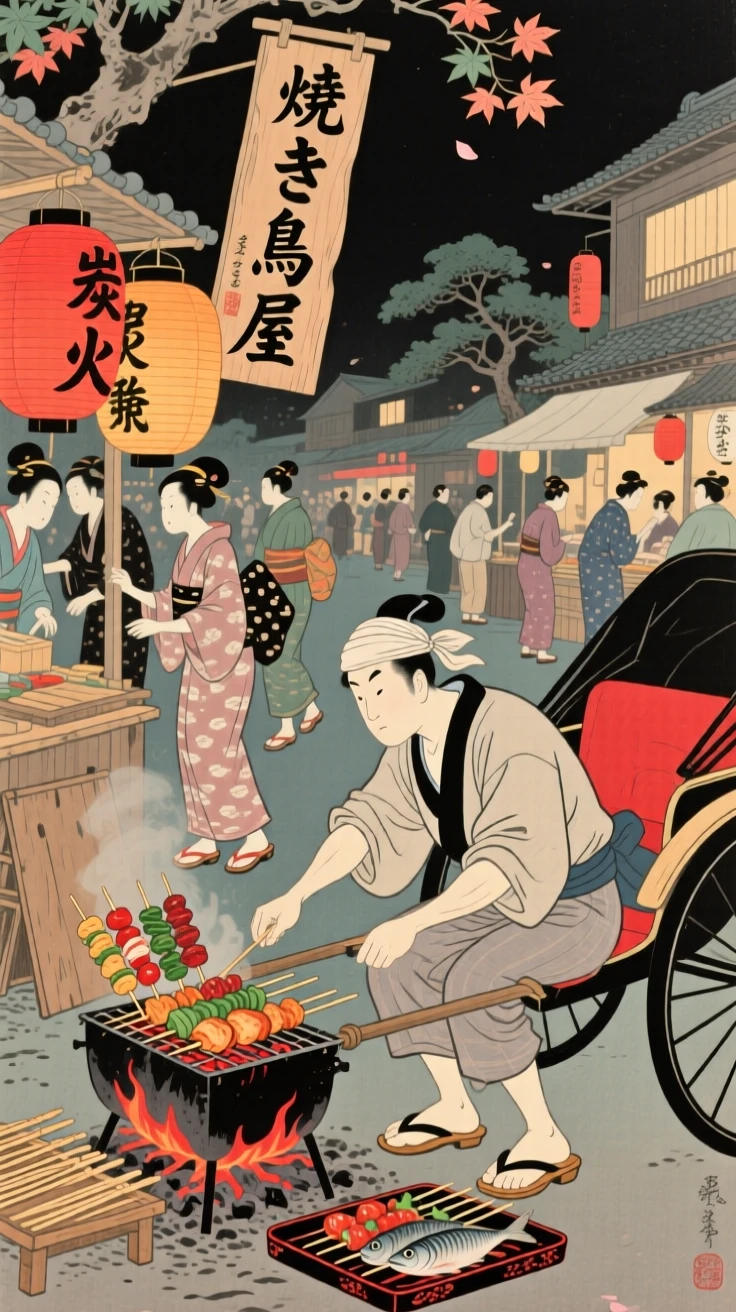A rickshaw puller grilling skewers at a bustling night market.