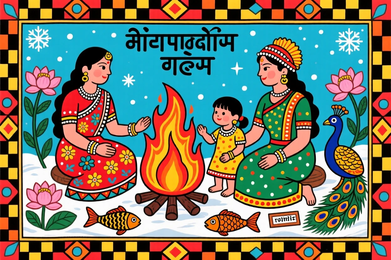 A family gathered around a fire during a winter celebration.