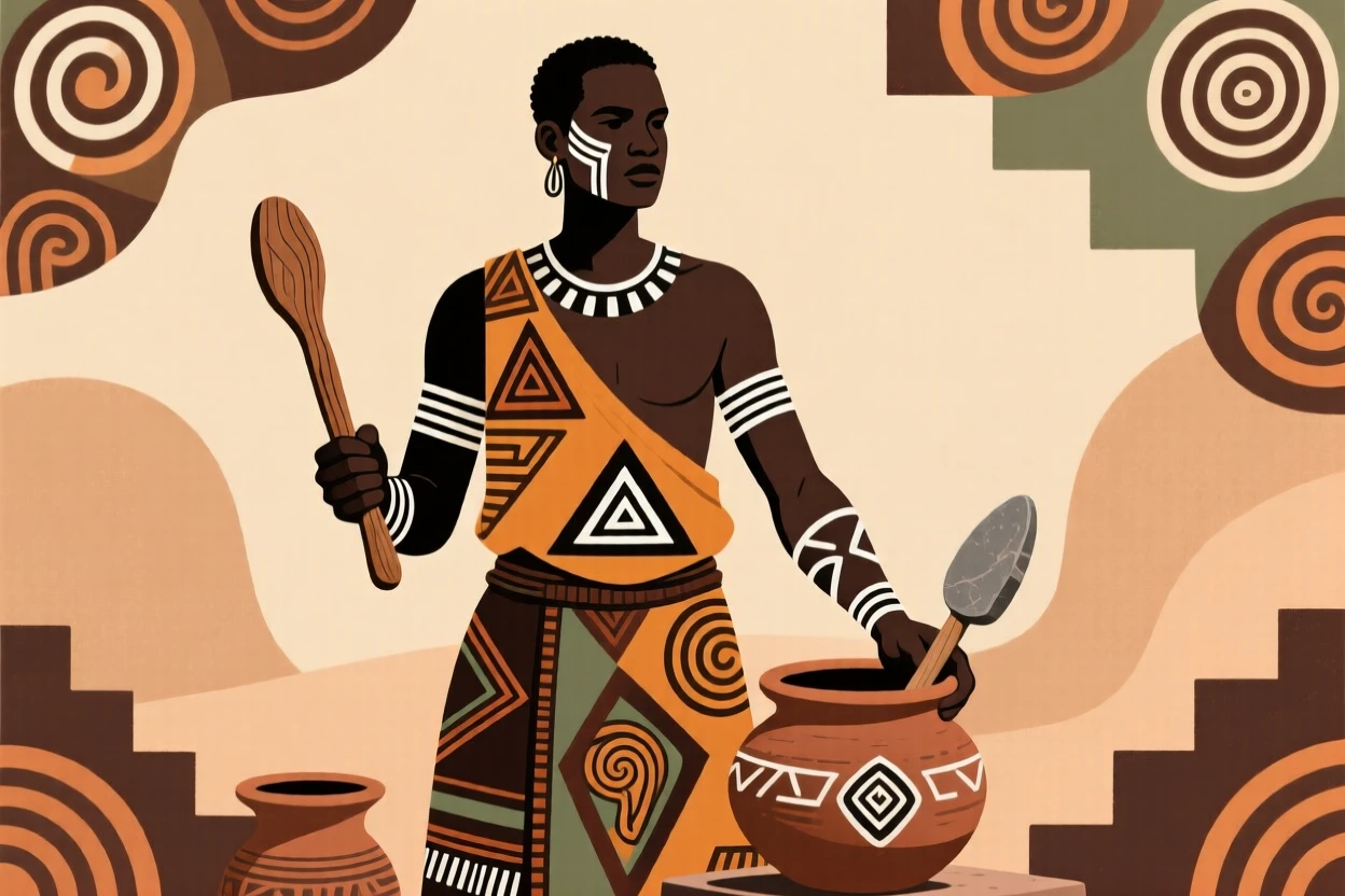 A skilled potter standing proudly with the tools of their craft.