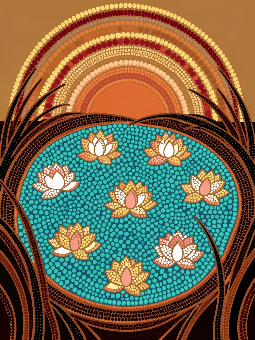 A lotus-covered pond glowing at sunrise