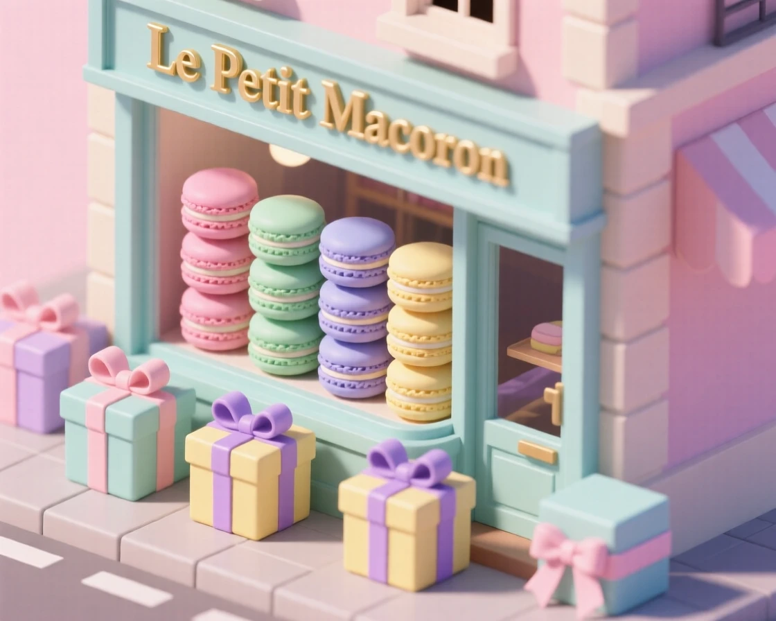 A quaint macaron shop with pastel towers of cookies in the window, a delicate ribbon tying each gift box closed.