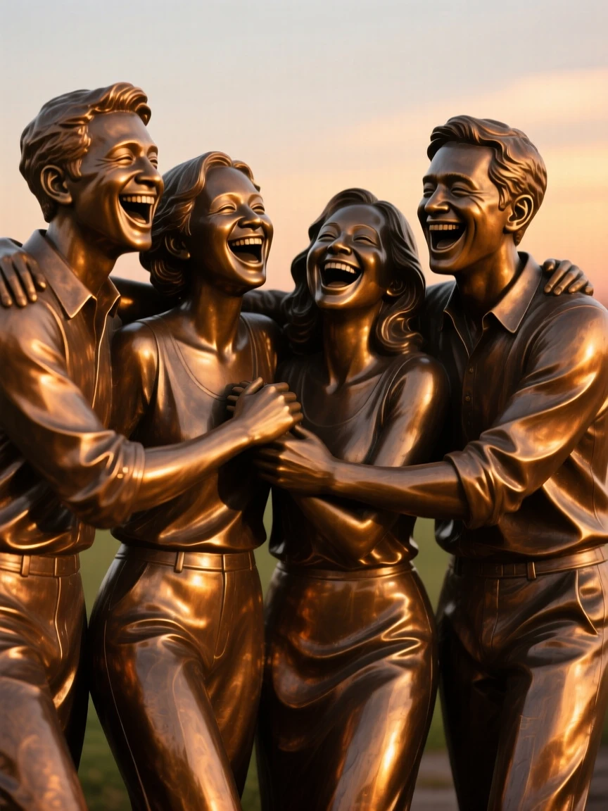 A group of friends laughing together at sunset, filled with warmth, color, and joy, celebrating shared human joy