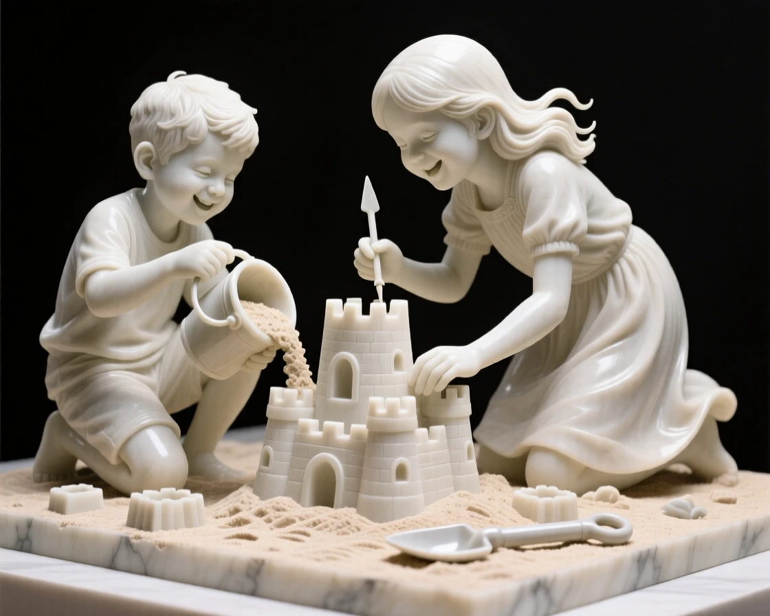 A joyful scene of siblings building a sandcastle together, capturing warmth, togetherness, and belonging